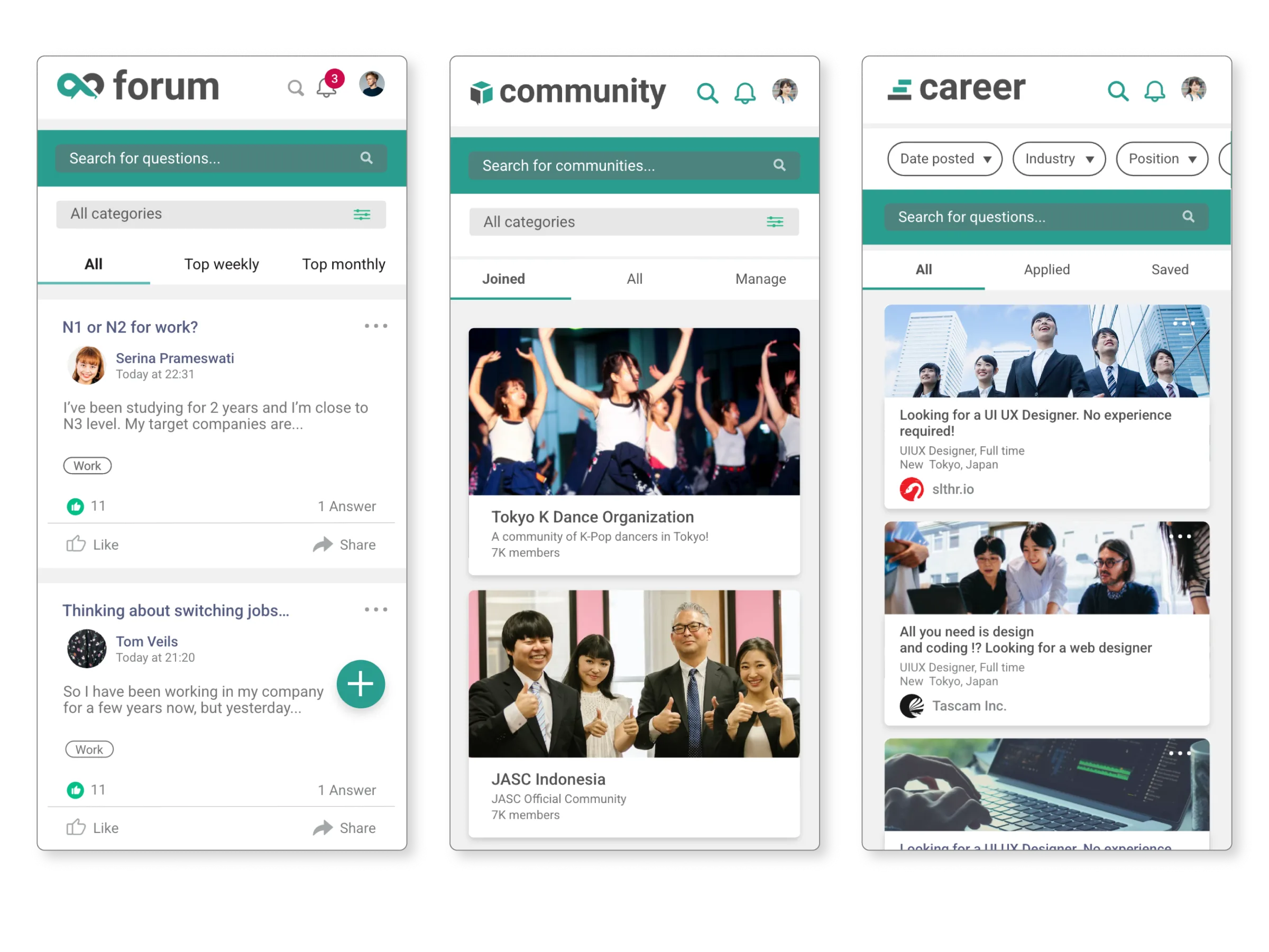 Enjin redesigned UI: Forum, Community, and Career with distinct sub-brand identities