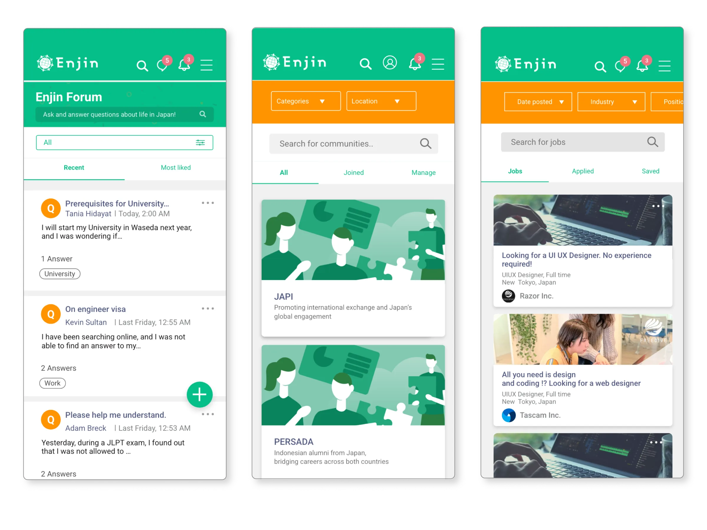 Enjin original UI: Forum, Community, and Career sharing the same visual language