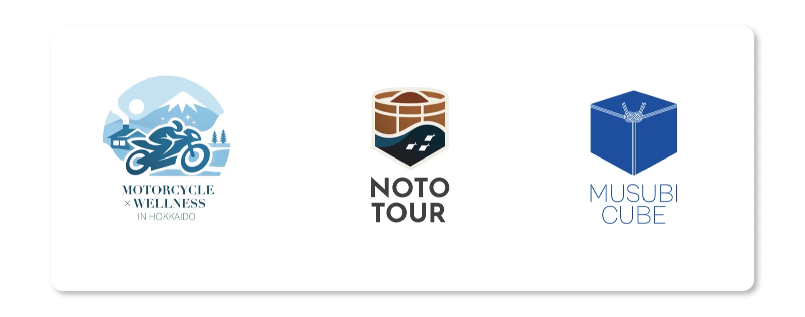 Three logo concepts: Motorcycle x Wellness in Hokkaido, Noto Tour, and Musubi Cube