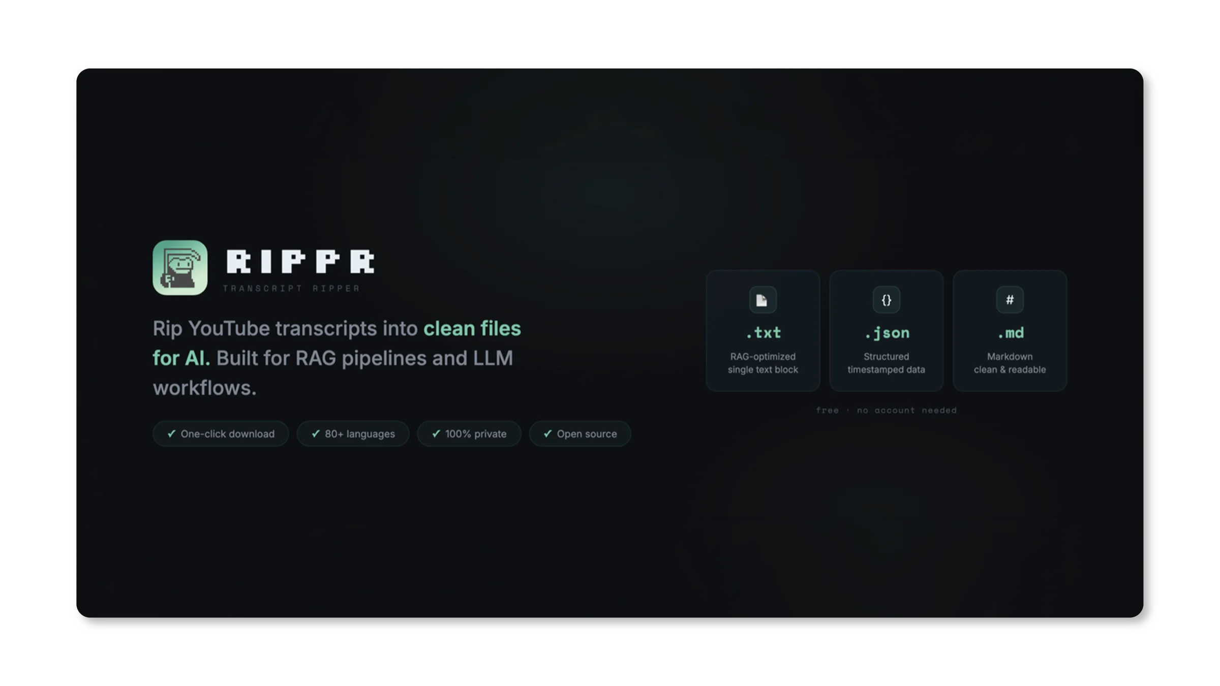 Rippr: rip YouTube transcripts into clean files for AI